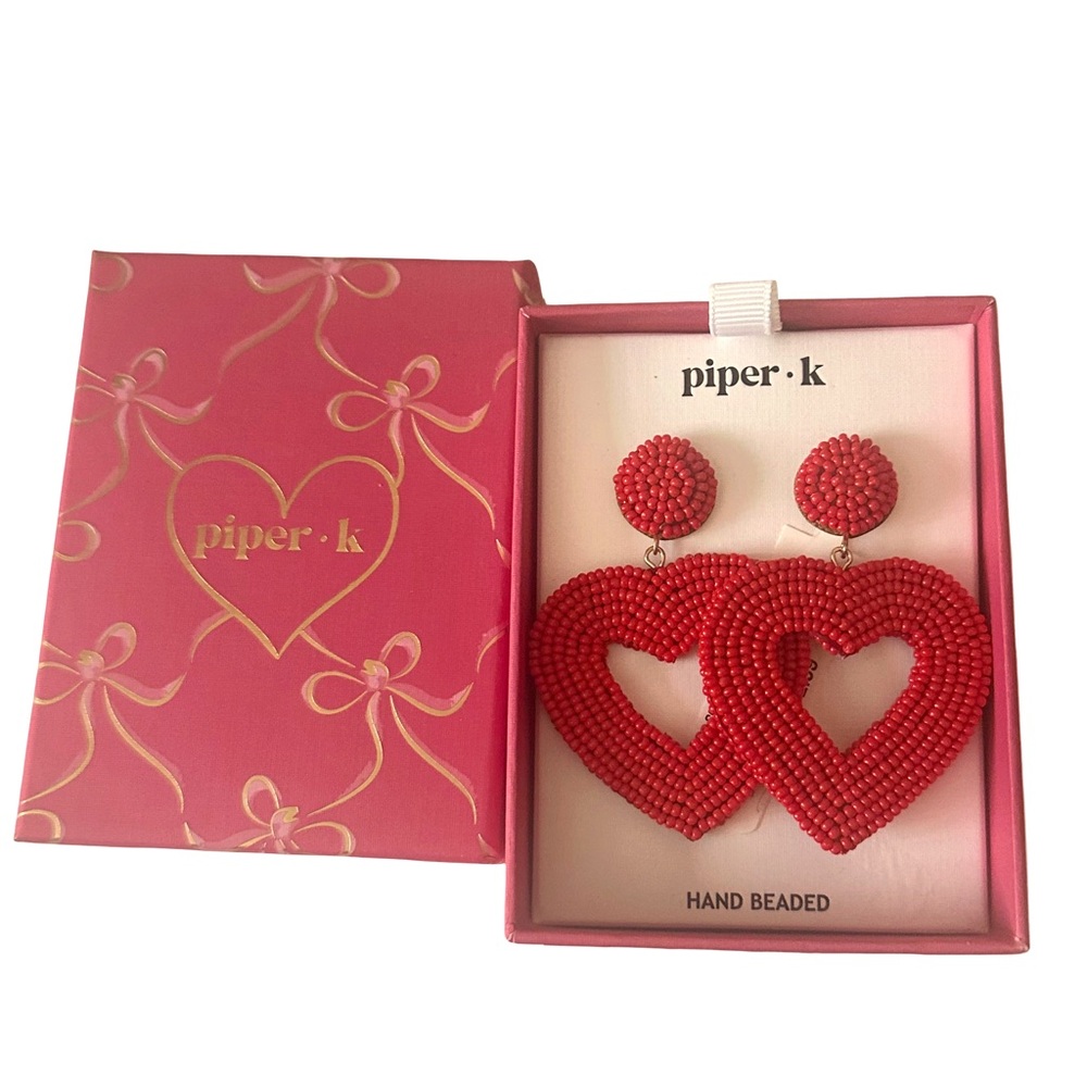 Piper K Red Heart Earrings Hand Beaded Statement Dangle Valentine NIB